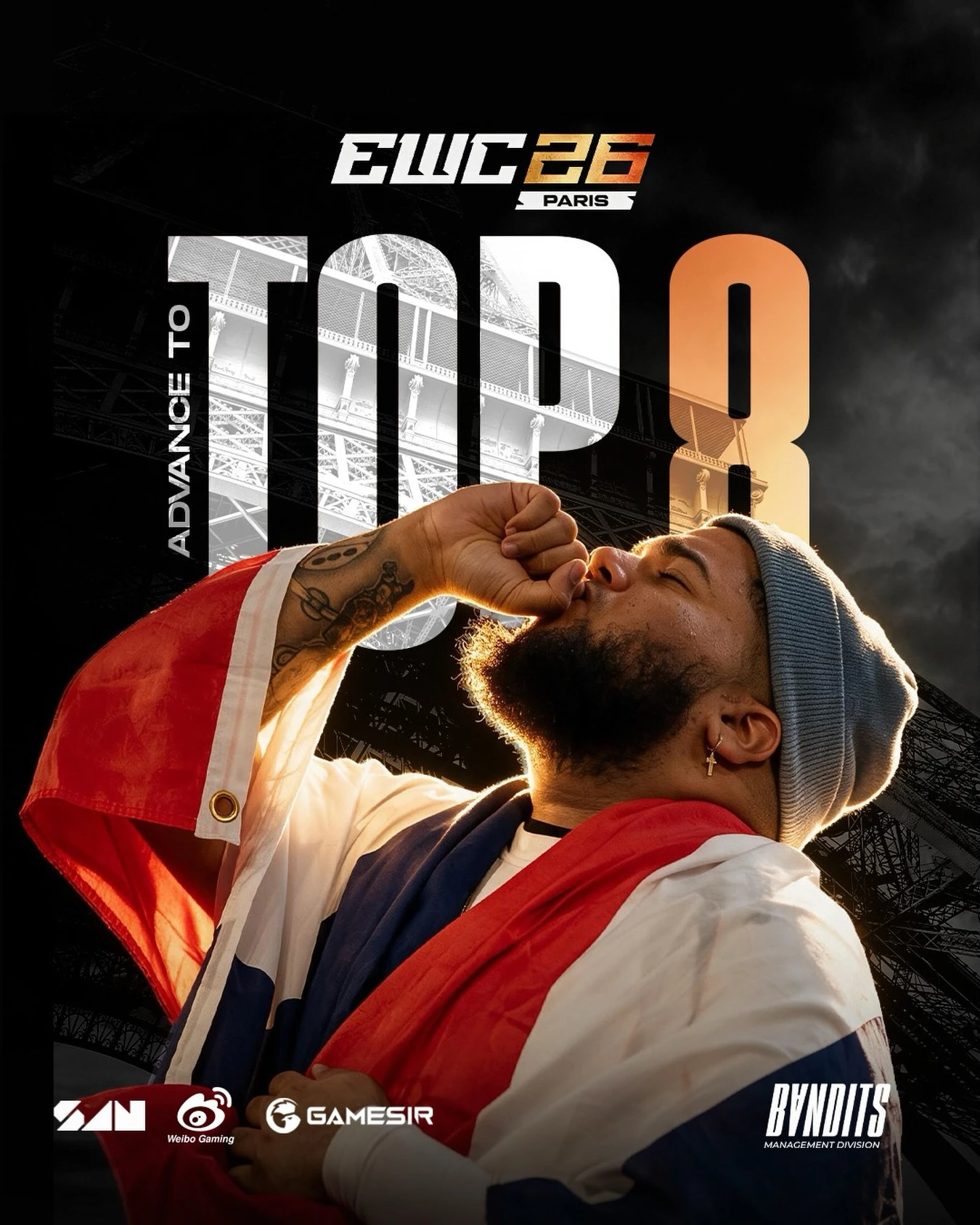 MenaRD wrapped in the Dominican flag in the official Bandits Gaming EWC 2026 Top 8 artwork.